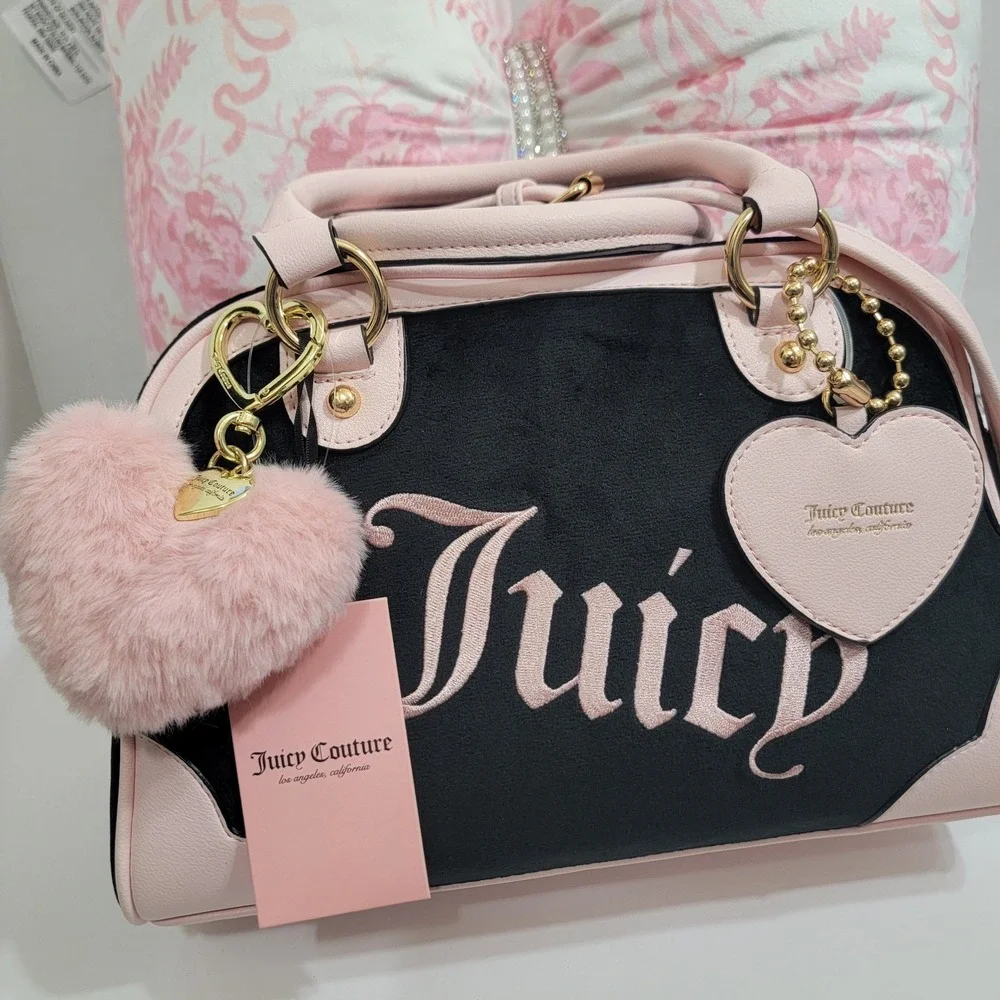 Juicy Couture Urban Heritage Bowler Bag VELOUR With Heart POM Bag Charm & WALLET